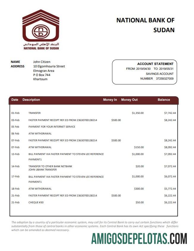 Modelo de extrato bancário do Banco Nacional do Sudão para download em formato Word e PDF